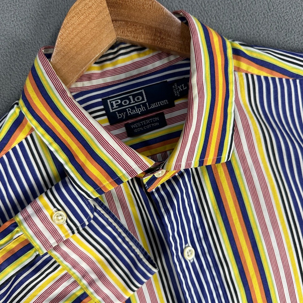 Polo Ralph Lauren Shirt XL Blue Yellow Colorful Westerton Vintage 90s Rave Party